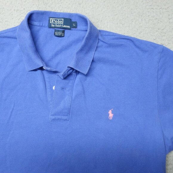 Polo Ralph Lauren Shirt Men Large Blue Polo with Pink Pony Casual Cotton - Picture 3 of 9